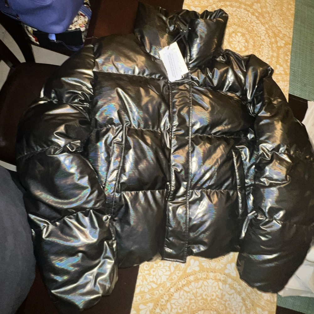 Noize Coco Gunmetal Holographic Puffer Cropped Jacket XXL